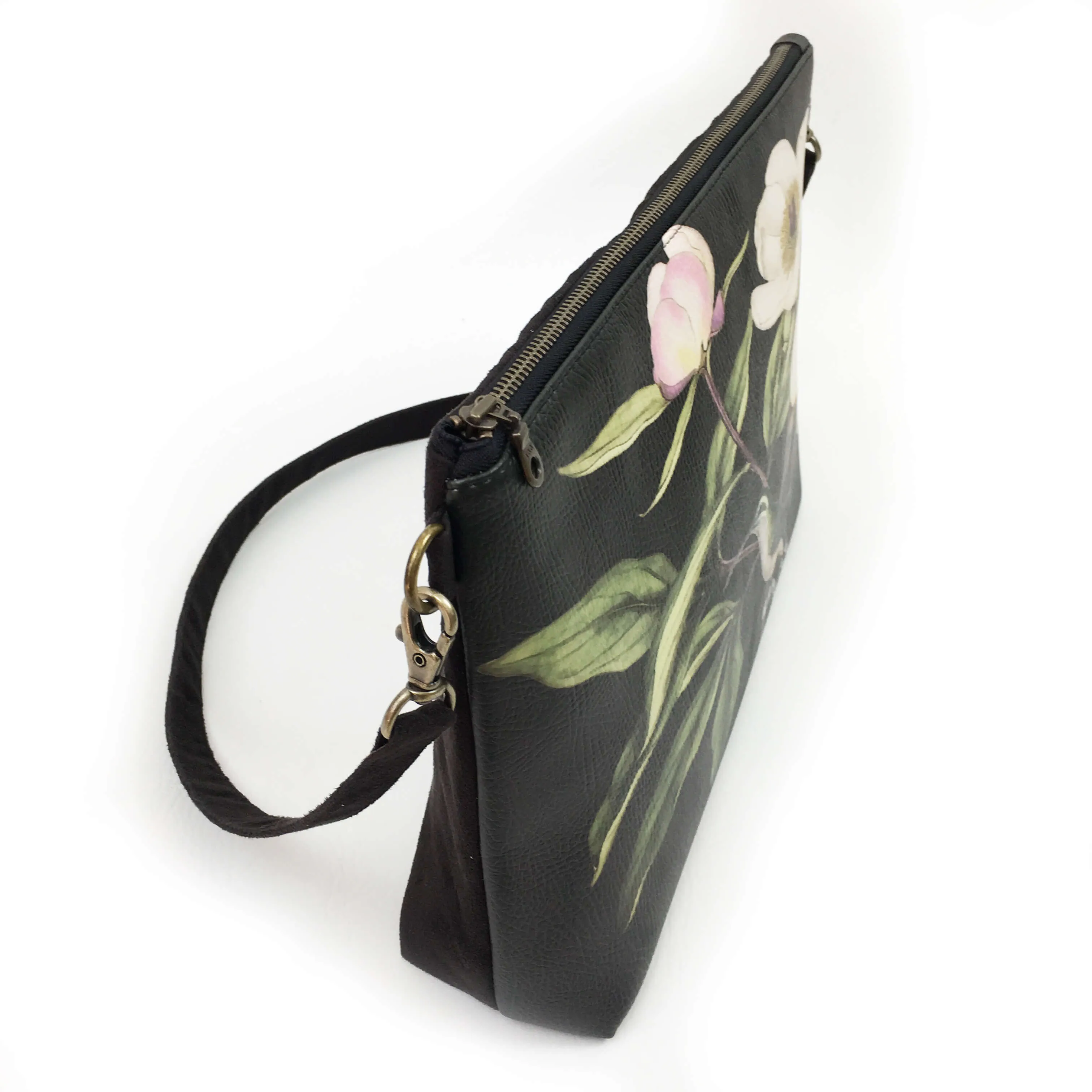 White Peonies and Hummingbird Zip Top Shoulder Bag - Vegan Leather/ Suede