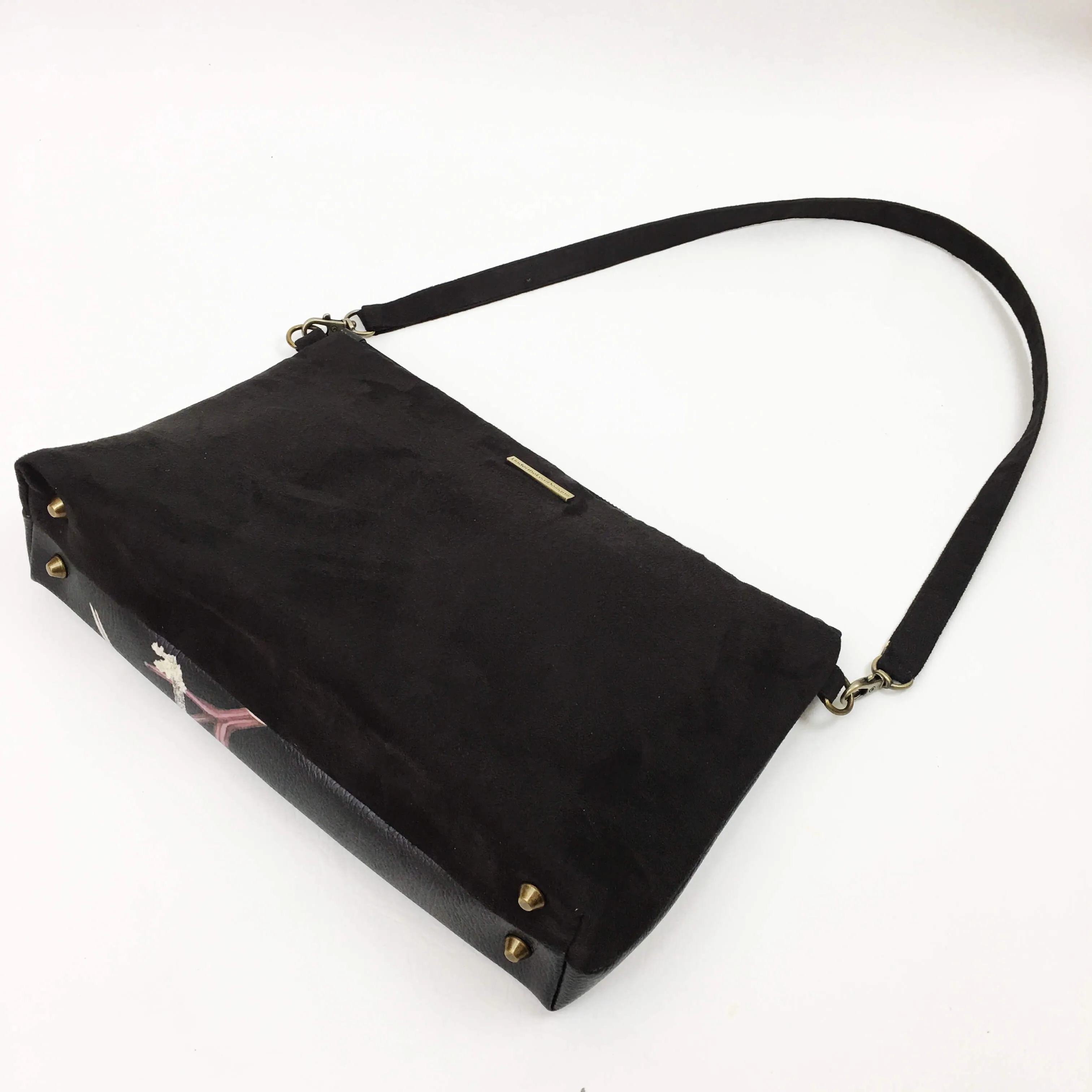 White Peonies and Hummingbird Zip Top Shoulder Bag - Vegan Leather/ Suede