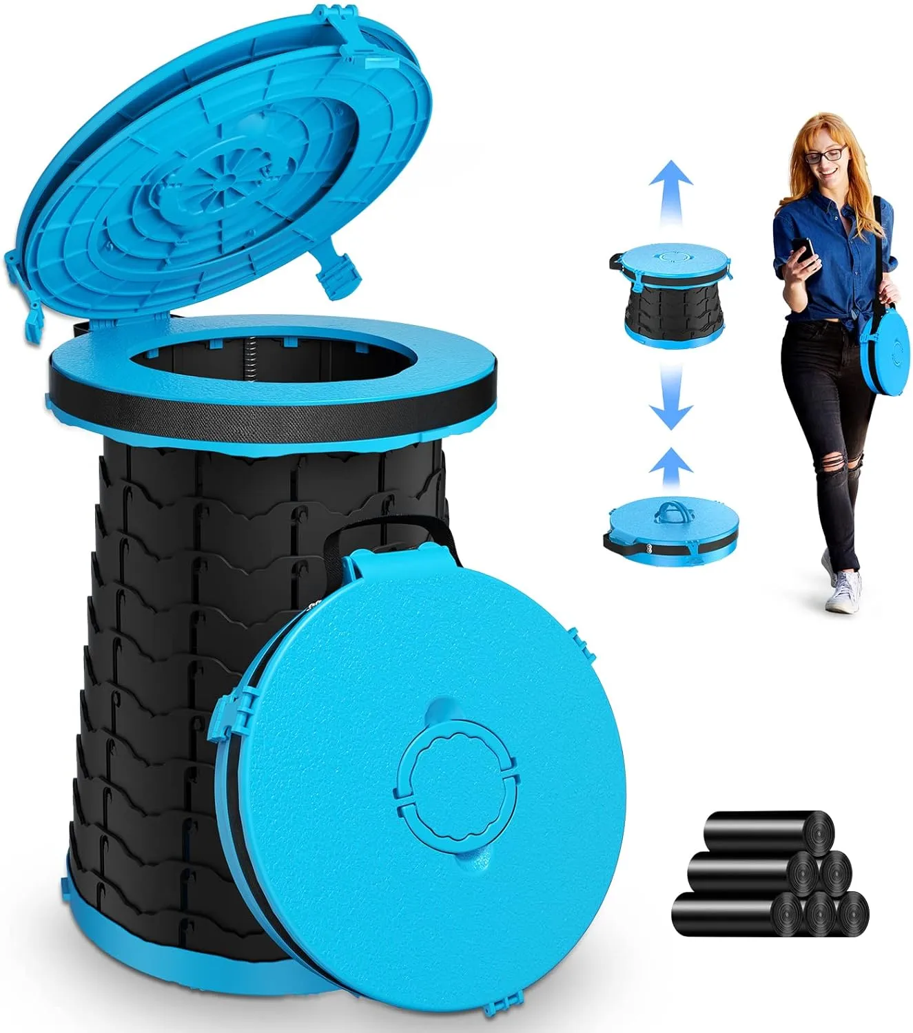 XXL Portable Toilet - 19.7"H Adjustable Foldable Camping Toilet, Luggable Loo with Lid, Strap,Toilet Bag for Camping, Hiking, Travel and Car